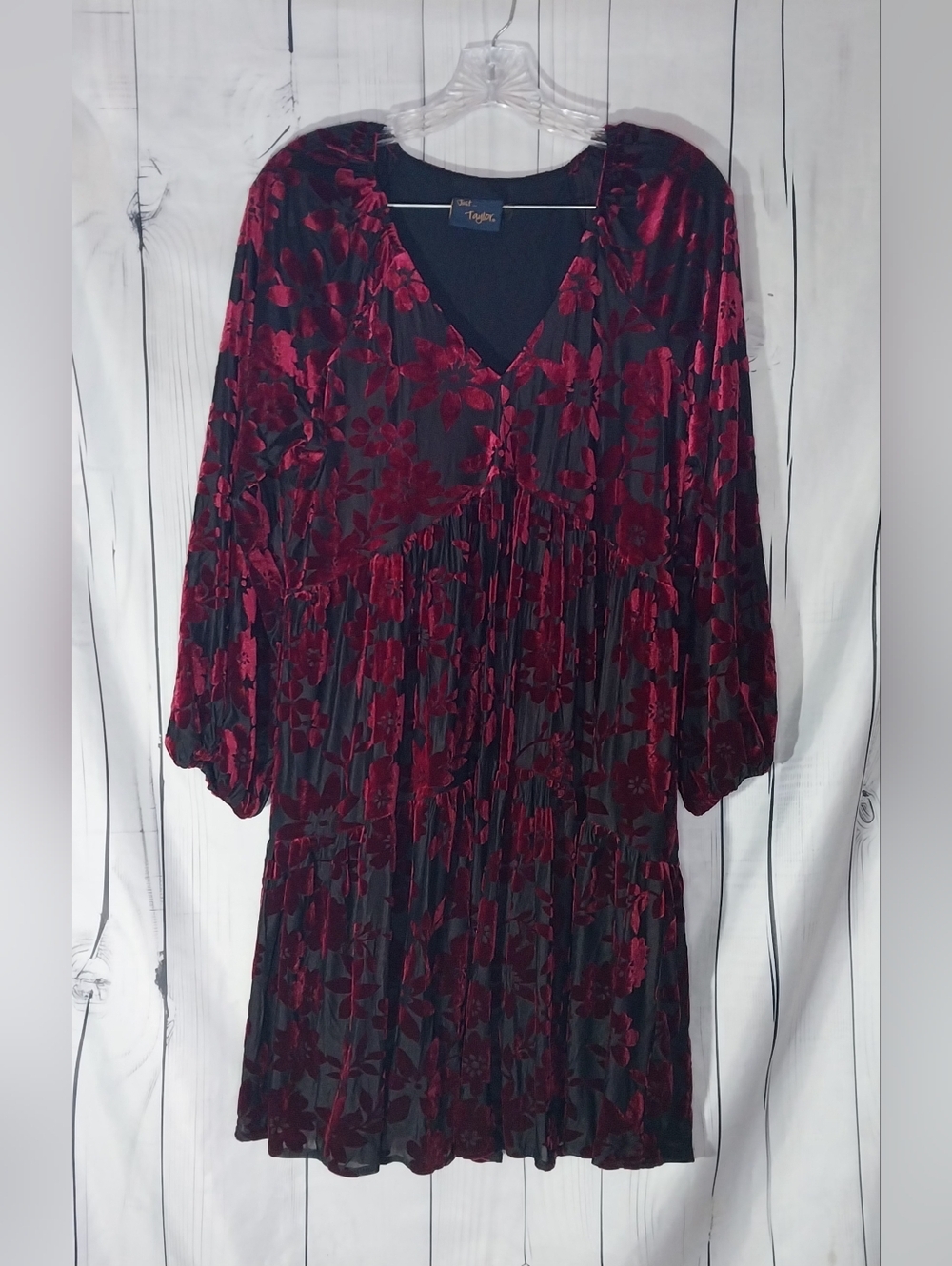 Just Taylor Burgundy Floral Burnout Velvet V-Neck Babydoll Whimsigoth Mini Dress